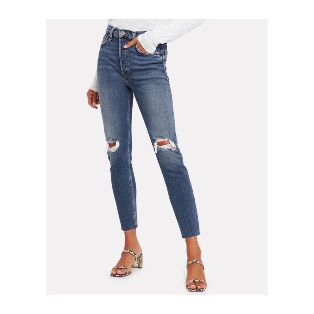 RE/DONE High-Rise Ankle Crop Jeans Distressed Busted Knee Size 28